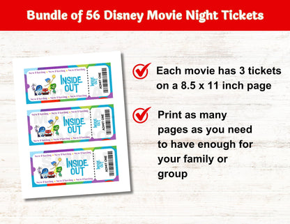 Animated Disney Classics Mystery Movie Night Tickets Set of 56 Unique Movie Night Tickets