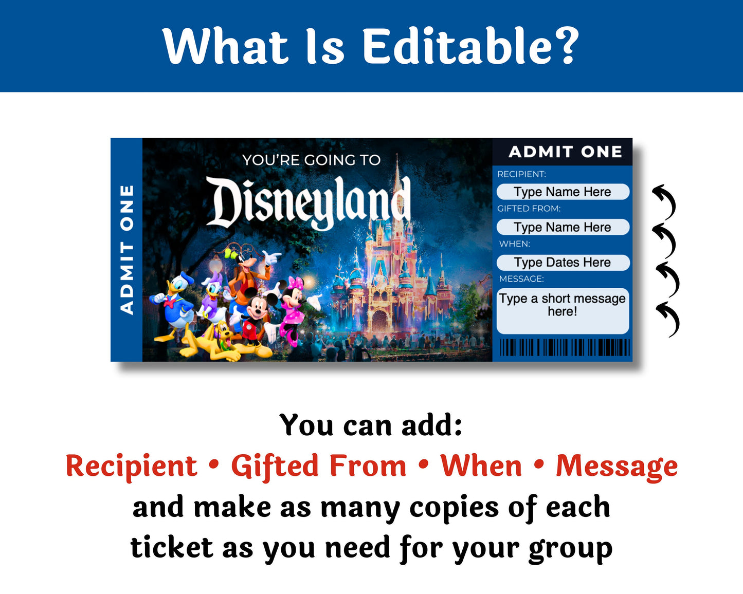 Editable Disneyland Mickey and Friends Theme Park Surprise Ticket