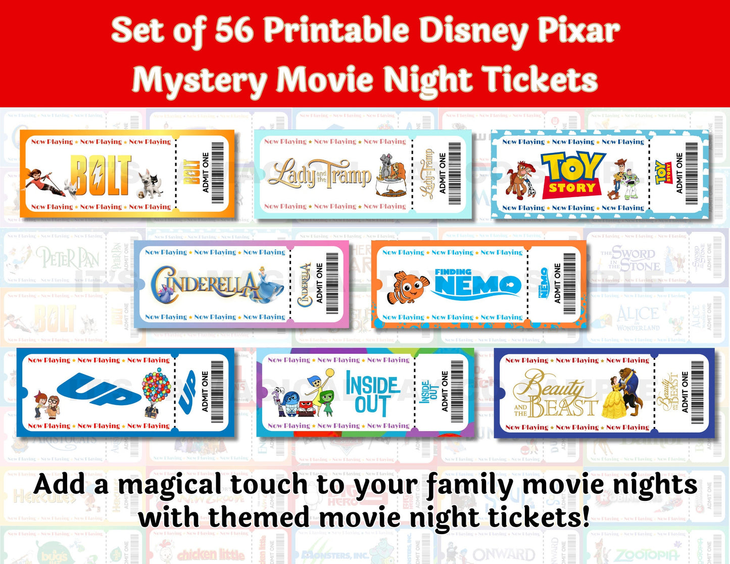 Animated Disney Classics Mystery Movie Night Tickets Set of 56 Unique Movie Night Tickets