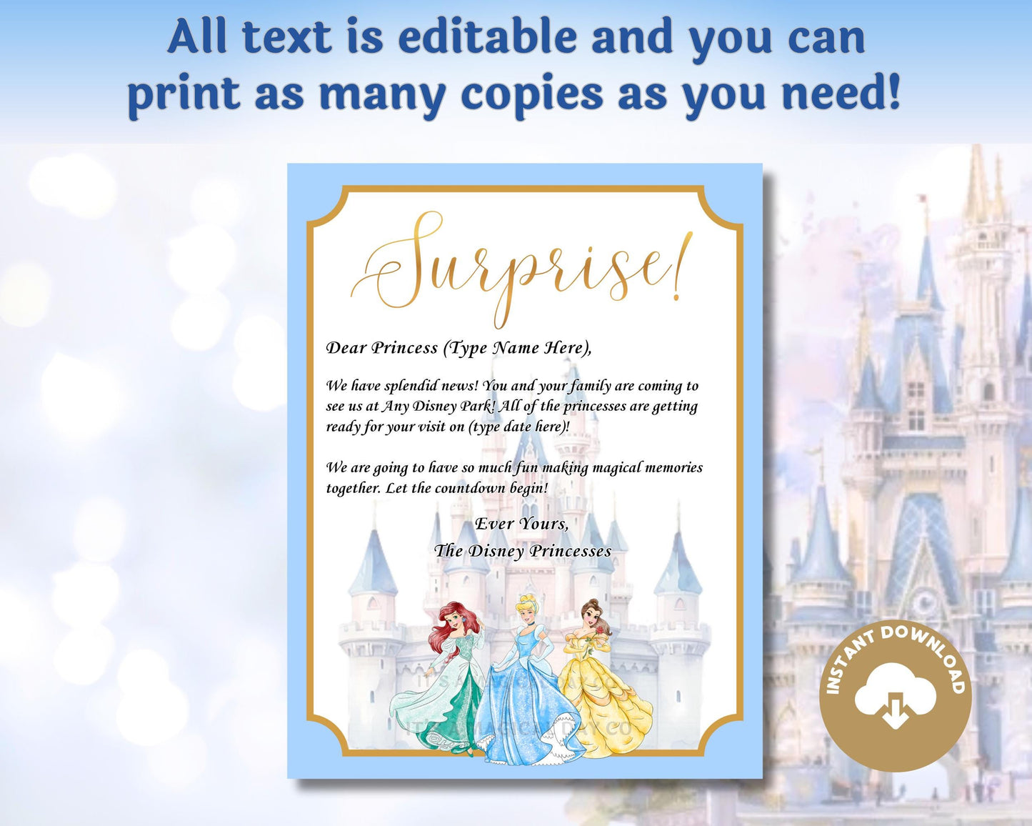 Editable Disney Princess Trip Reveal Letter