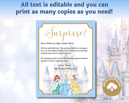 Editable Disney Princess Trip Reveal Letter
