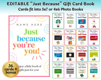 Gift card book with 'Just because' theme and various gift card images on a white background.
