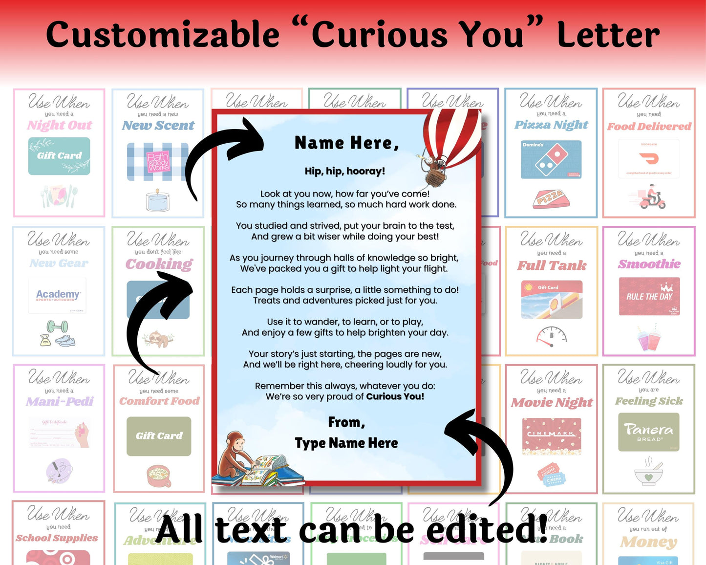 Editable Curious You College Survival Gift Card Book — Instant Download