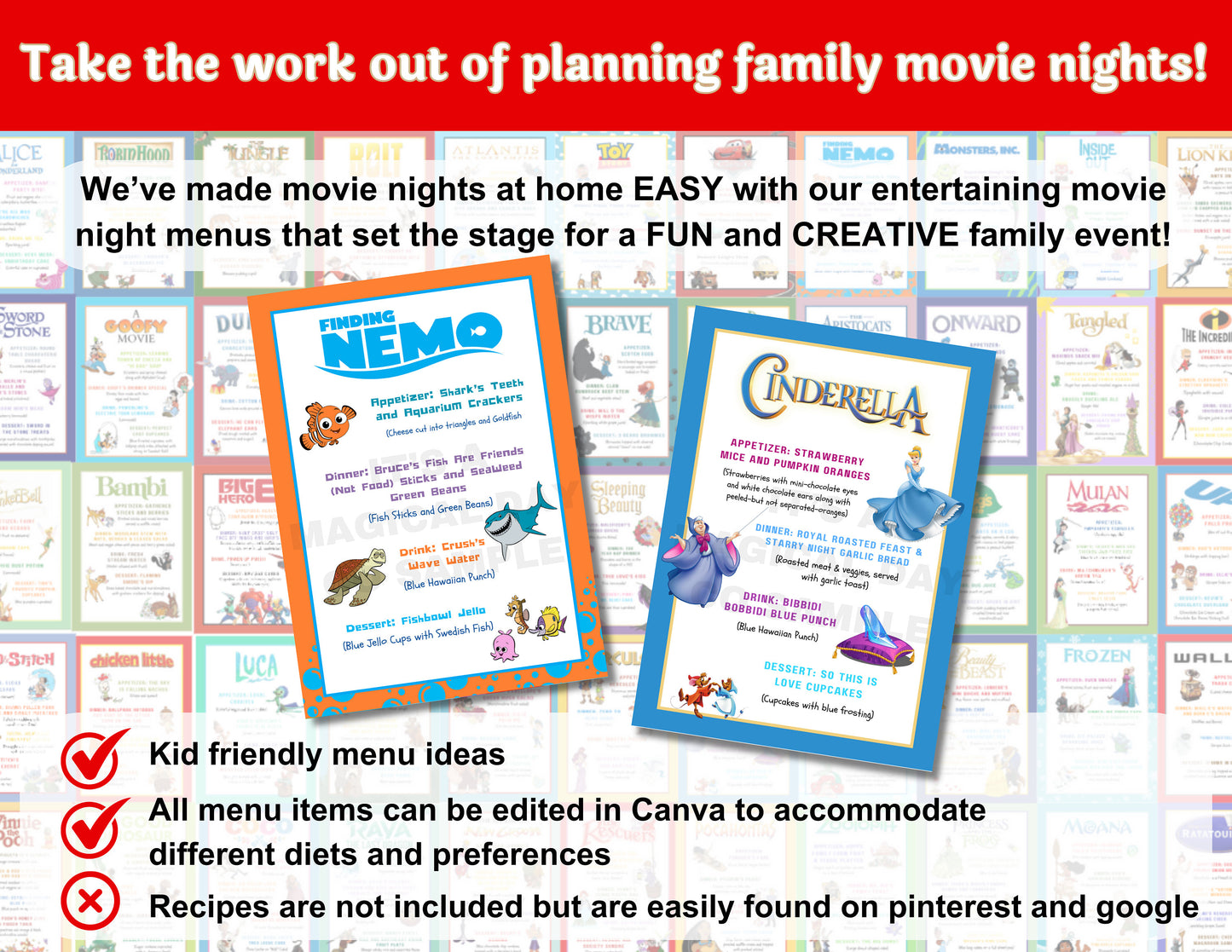 Animated Disney Classics Dinner and a Movie Night Menus Set of 56 Unique Movie Menus