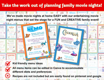 Animated Disney Classics Dinner and a Movie Night Menus Set of 56 Unique Movie Menus